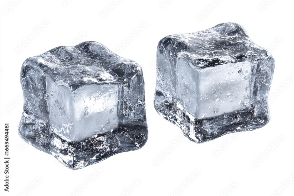 Poster realistic ice cubes positioned closely, showcasing clear texture and shape in a bright and minimalis