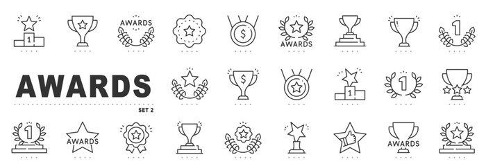 Outline award icon set featuring trophies, medals, stars, laurels, podiums, winners, ranking badges, certificates, ribbons; vector editable stroke, success celebration