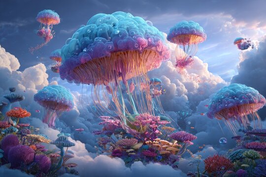 Floating, bioluminescent cloud forest