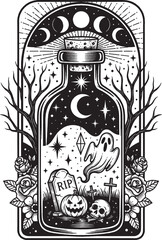 Mystical potion bottle vector illustration with ghost and moon phases