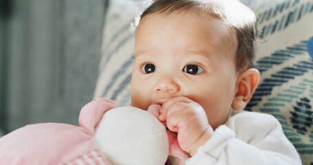 Biting, doll and growth with face of baby in nursery of home for development, future or teething....