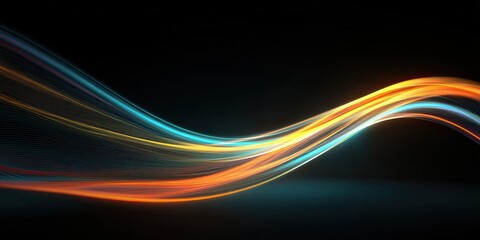 Abstract flowing light trails in vibrant orange and teal hues against a deep black background