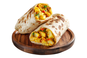 Tasty grilled chicken Roti wraps stuffed with potato curry or chicken on wooden plate, isolated on white transparent background, concept of Fiji fast food snack