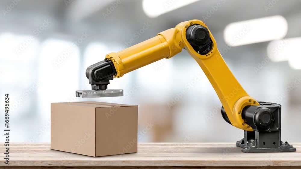 Poster robotic automation: a robotic arm precisely places a product, symbolizing efficiency and technologic