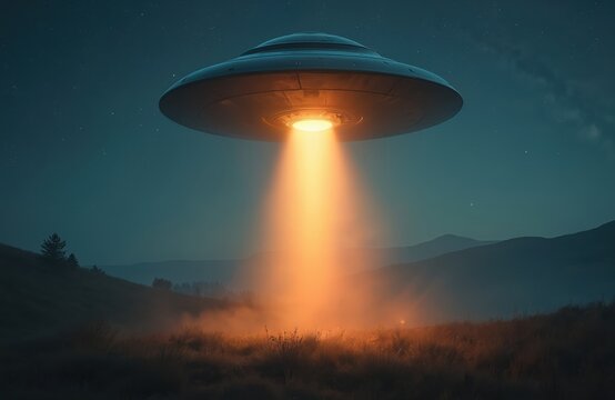 Mysterious flying saucer hovers over quiet countryside, casting bright glowing beam onto field. Eerie light in starry night sky. Copy space available for text.