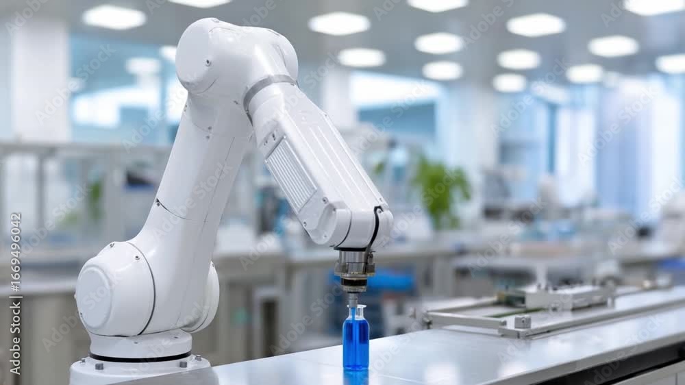 Poster robotics automation and precision: a sleek industrial robot arm precisely handles a vial in a modern