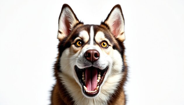 Close-up portrait of Siberian Husky dog with bright yellow eyes, mouth open in excited, surprised expression. Purebred canine brown, white, black fur, set against clean white background with ample - Powered by Adobe