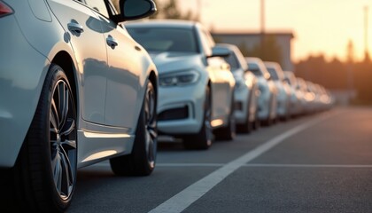 Line of white cars parked in lot at sunset. Modern sedans SUVs in neat rows ready for sale at dealership. Automotive inventory, new car technology, efficient transport options.