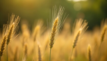 Golden wheat stalks stand tall in field under warm sunlight. Ripe grain ready for harvest, with blurred green background creating soft bokeh effect. Represents agriculture, summer, natural organic