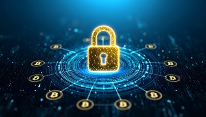 Digital Security: Bitcoin Cryptocurrency Protected by Glowing Padlock Symbol