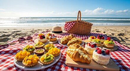 Summertime beach picnic with assorted pastries, croissants, and fruit tarts food item background