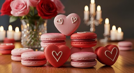 Romantic valentines day macarons and heartshaped cookies with roses and candles food item background