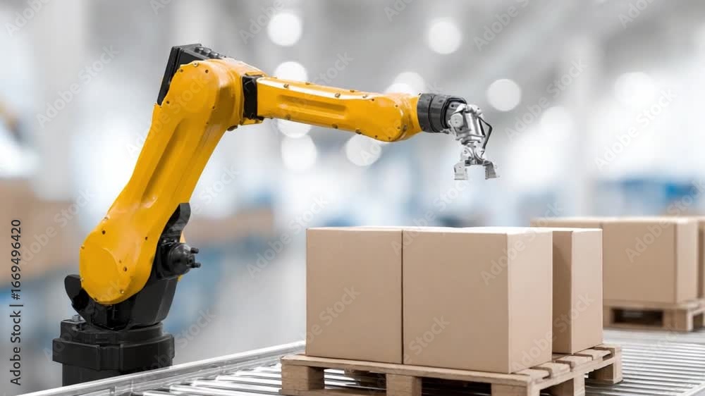 Poster robotic precision in manufacturing: the image depicts a yellow industrial robot arm meticulously han