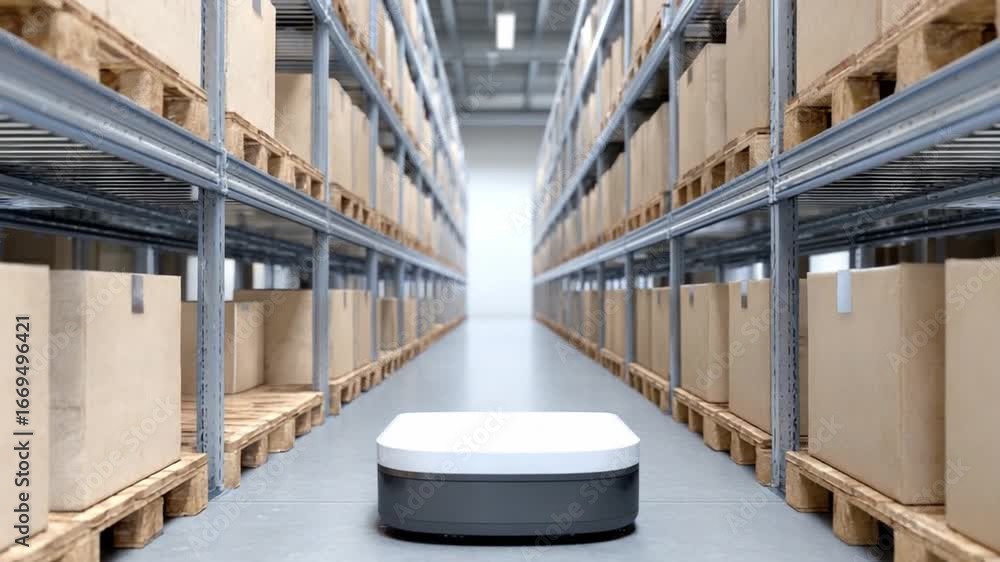 Poster automated warehouse logistics: a state-of-the-art automated warehouse with neatly arranged shelves f