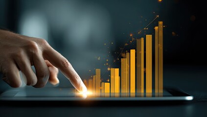 Hand interacting with a tablet displaying glowing bar graphs
