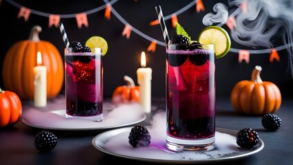 A spooky Halloween-themed drink. This drink comes in a tall, clear glass, filled with dark red berry juice and sparkling bubbles. With fresh blackberries and a slice of lime on the rim.