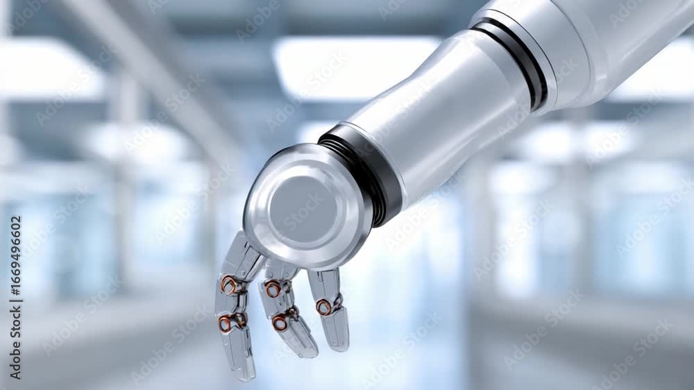 Poster technological hand of progress: a detailed rendering of a robotic hand in a modern setting, suggesti