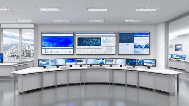 Modern Command Center: A sleek, minimalist interior design showcasing multiple screens displaying data visualization. The arrangement suggests a high-tech hub of information, innovation, and control.