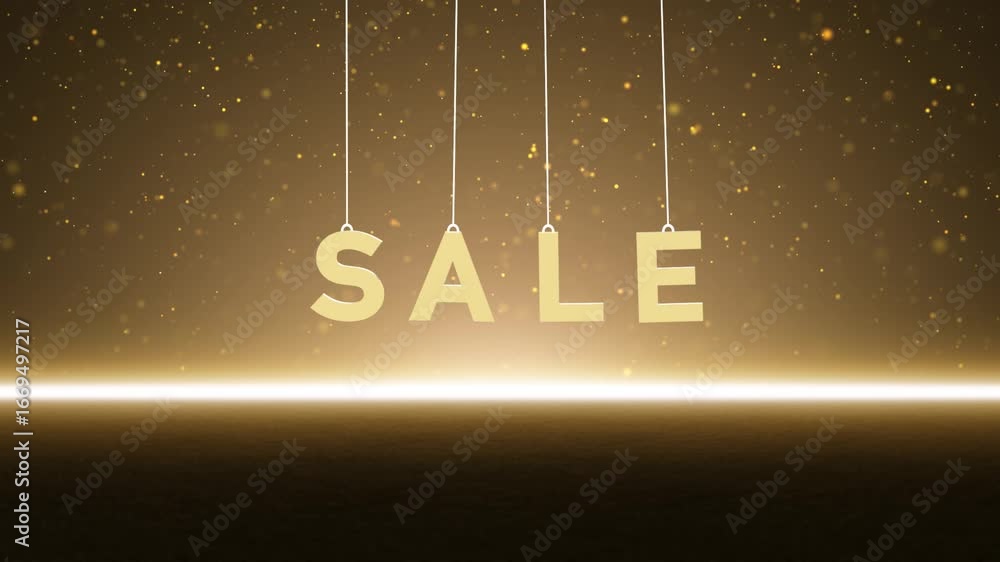 Poster sale word swinging on the strings on golden flashing dots loop motion background.