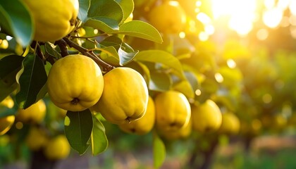 Ripe Quinces on Branch, Orchard Sunset