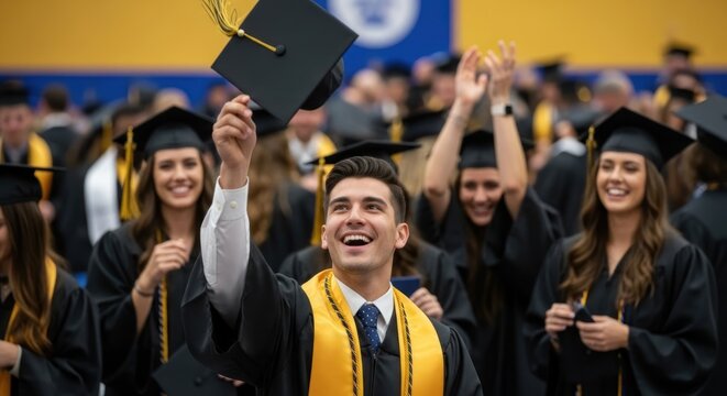 A group of graduates in caps and gowns celebrating at a graduation ceremony.