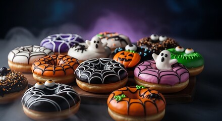 A spooky assortment of halloweenthemed donuts with various festive decorations and colors food item background