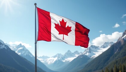 Canadian flag with red maple leaf waves in wind against blue sky, snowy mountains. National pride, patriotism, country celebration. Perfect for Canada Day, holidays, tourism, national events.