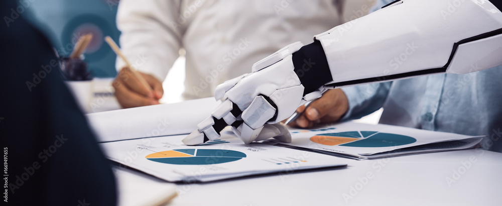 Poster a robotic arm assists professionals during a business meeting, highlighting the integration of techn