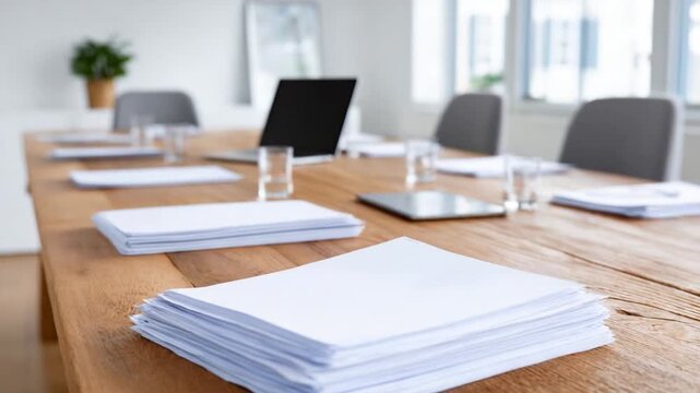 Boardroom Arrangement: A well-organized boardroom setup with a wooden table, featuring neat stacks of paperwork, a laptop, and glasses, hinting at a productive meeting environment. 