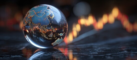 Crystal globe of Earth, dark background, fiery backdrop