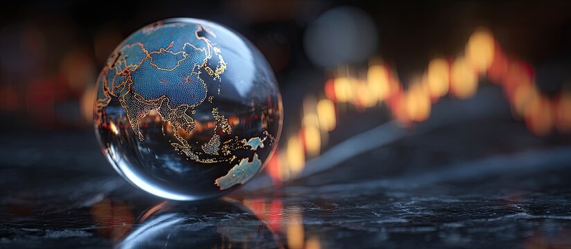 Crystal globe of Earth, dark background, fiery backdrop - Powered by Adobe