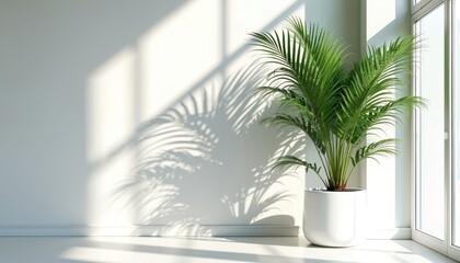 Obraz premium Potted palm plant with vibrant green leaves casts dynamic shadows on clean white wall. Sunlight streams through window, creating bright, airy atmosphere. Indoor plant adds touch of modern minimalist
