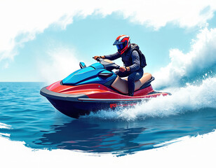 Man enjoys thrilling jetski adventure on blue ocean water creating water splashes. Dynamic ride on personal watercraft at high speed under bright sun. Exhilarating summer vacation sport, coastal fun.