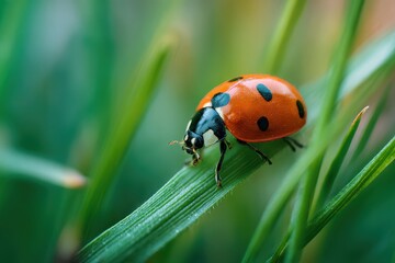 Close-up view of a ladybug exploring the lush green grass during a sunny day in a vibrant garden setting