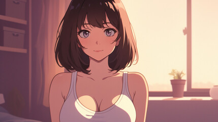 Captivating Anime Portrait of a Young Woman in a Cozy Room: Embracing Youthfulness, Charm, and Serene Atmosphere with Natural Light and Warm Feelings