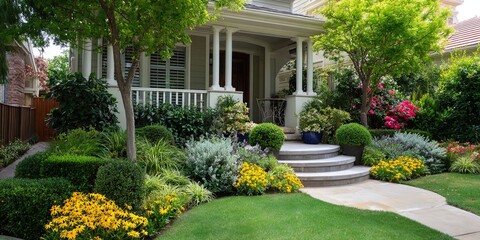 Fototapeta premium a beautiful professionally landscaped garden at the front of a home