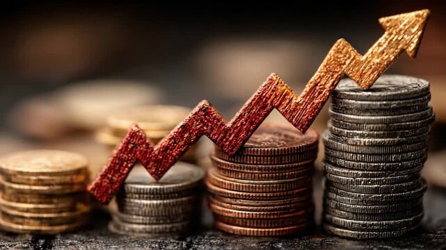 Ascending Financial Heights: A tangible display of financial growth is illustrated with meticulously arranged stacks of coins, the upward trajectory accentuated by a dynamically crafted arrow. 