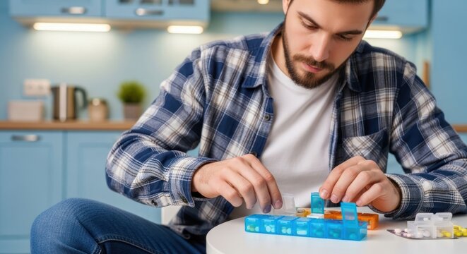 A man sorting pills into a pill organizer.