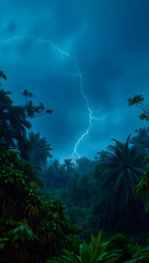 A striking sunset silhouette of a dark storm brewing over the sea with a flash of lightning on the horizon