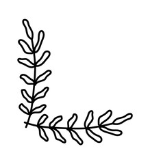 Simple hand-drawn floral corner element, black vector doodle with leaves and buds, perfect for decorative design accents.