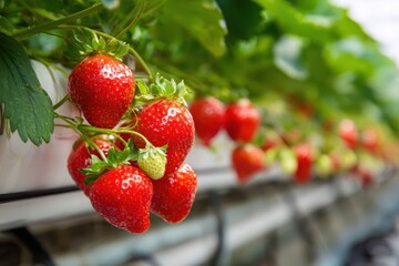 Hydroponics row plantation featuring ripe indoor strawberries with vibrant green leaves