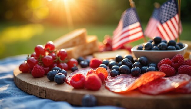 Festive Labor Day charcuterie board with USA flags, grapes, blueberries, raspberries, cheese, salami. Perfect for summer picnics, outdoor gatherings, patriotic celebrations. Enjoy delightful - Powered by Adobe