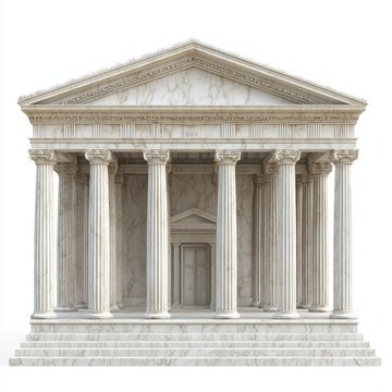 A temple with Greek or Roman columns. A pillar building like ancient white marble architecture from Greece and Rome. An old palace with a roof. A classic stone house, isolated.
