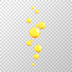 Realistic 3D golden oil bubbles and droplets set. Flying serum capsules for cosmetic, skincare, vitamins, or organic essence product illustration