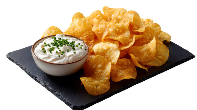 Crispy, homemade-style potato chips and a creamy chive dip, served on a modern slate platter. A perfect, isolated, and shareable gourmet appetizer.