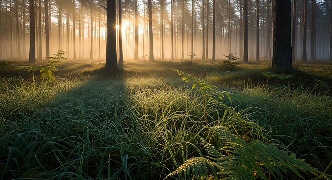 Serene Pine Forest with Atmospheric Fog