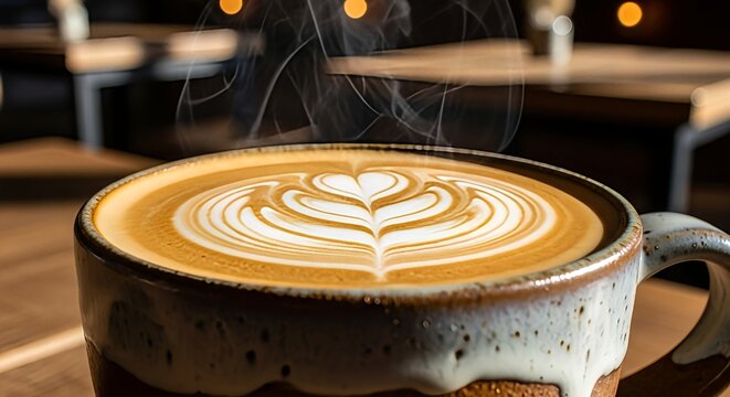 Latte Art in Handmade Ceramic Mug with Steam