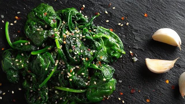 Fresh Spinach with Garlic and Sesame: A culinary photograph of fresh spinach, seasoned with sesame seeds, and garlic cloves, presented on a stylish black slate surface.
