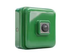 Green emergency fire alarm device isolated on white background