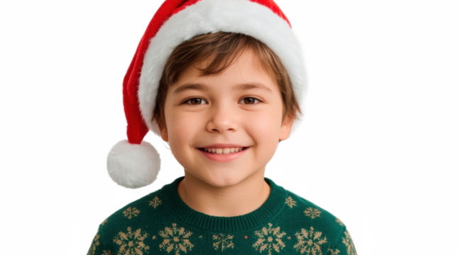 Smiling boy with Santa hat and Christmas jumper on transparent png background - Powered by Adobe